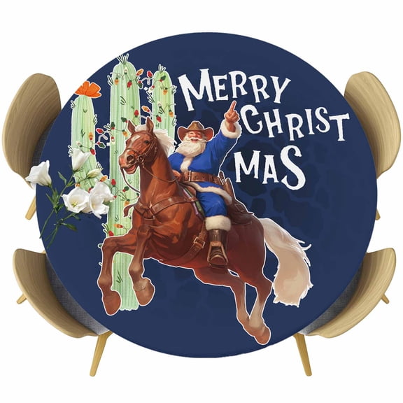 Navy Blue Cowboy Christmas Round Tablecloth 45-54 Inch Round Fitted Table Cloth with Elastic Edge, Western Xmas Santa Cactus Waterproof Table Cover Protector for Outdoor Picnic Party Dining