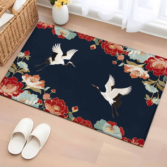 Navy Blue Crane Entryway Rug 2'x3' Non Slip Front Door Mats, Vintage Red Teal Spring Floral Botanical Entrance Rugs Indoor Outdoor Carpet, Washable Floor Mats Small Area Rug for Bedroom Kitchen