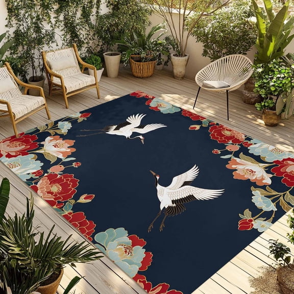 Navy Blue Crane Outdoor Rug for Patio/Deck/Porch, Non-Slip Large Area Rug 4 x 6 Ft, Vintage Red Teal Spring Floral Botanical Indoor Outdoor Rugs Washable Area Rugs, Camping Rug Carpet Runner
