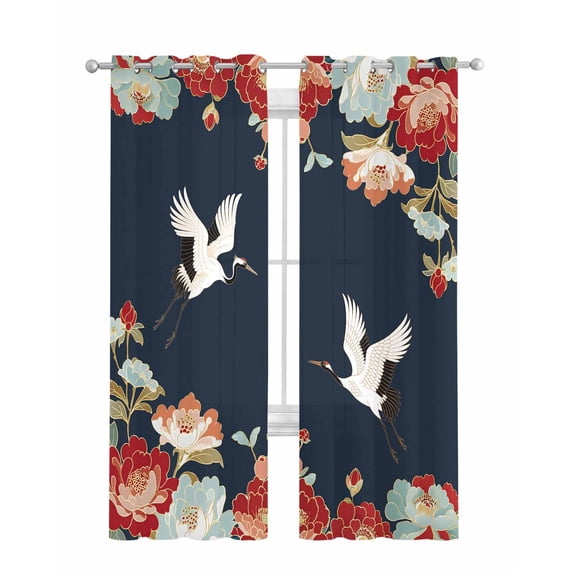 Navy Blue Crane Sheer Curtains 63 Inch Length 2 Panels Set for Living Room/Bedroom, Vintage Red Teal Spring Floral Botanical Kitchen Curtains Grommet Semi-Sheer Curtains Window Treatments 42"x63"x2