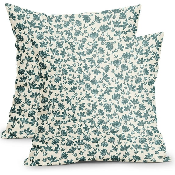 Navy Blue and Cream Floral Pillow Covers 18x18 Inch Set of 2 Vintage Flower Outdoor Decorative Throw Pillows Blue Small Floral Print Rustic Farmhouse Pillowcases Cotton Linen Cushion Covers for Couch