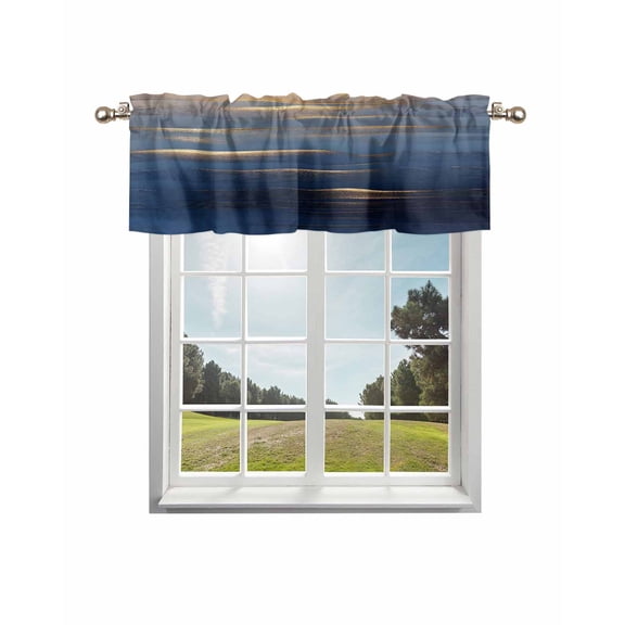Navy Blue Curtain Valance for Windows/Living Room/Kitchen/Bathroom/Café, Short Rod Pocket Tier Curtain Window Treatment Panel Luxury Golden Modern Abstract Art Topper Curtain 42''x18''