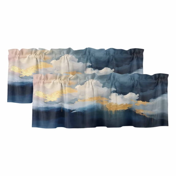 Navy Blue Curtain Valances for Windows, Kitchen Valance Window Treatments Panel 2 Pack, Modern Oil Painting Art Yellow Rod Pocket Short Curtains for Bathroom Bedroom 60 x 18 Inch