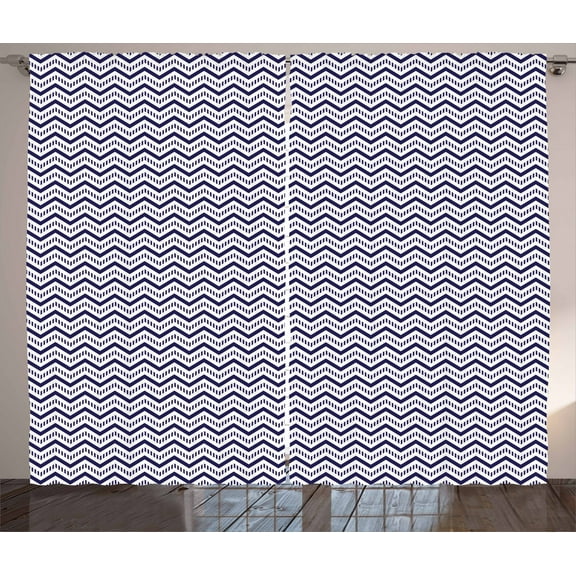 Ambesonne Navy Blue Curtains 2 Panel Set, Chevron Dashed Lines, 108" x 90", Navy Blue White
