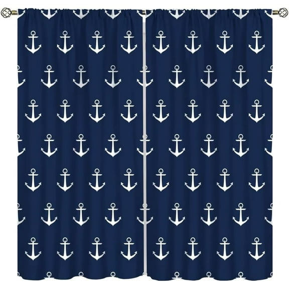 Navy Blue Curtains,Nautical Anchor Print Window Treatments for Bedroom Living Room Kitchen Café Summer Theme Window Drapes 2 Panel Set,Total Size 52 x 84 Inch