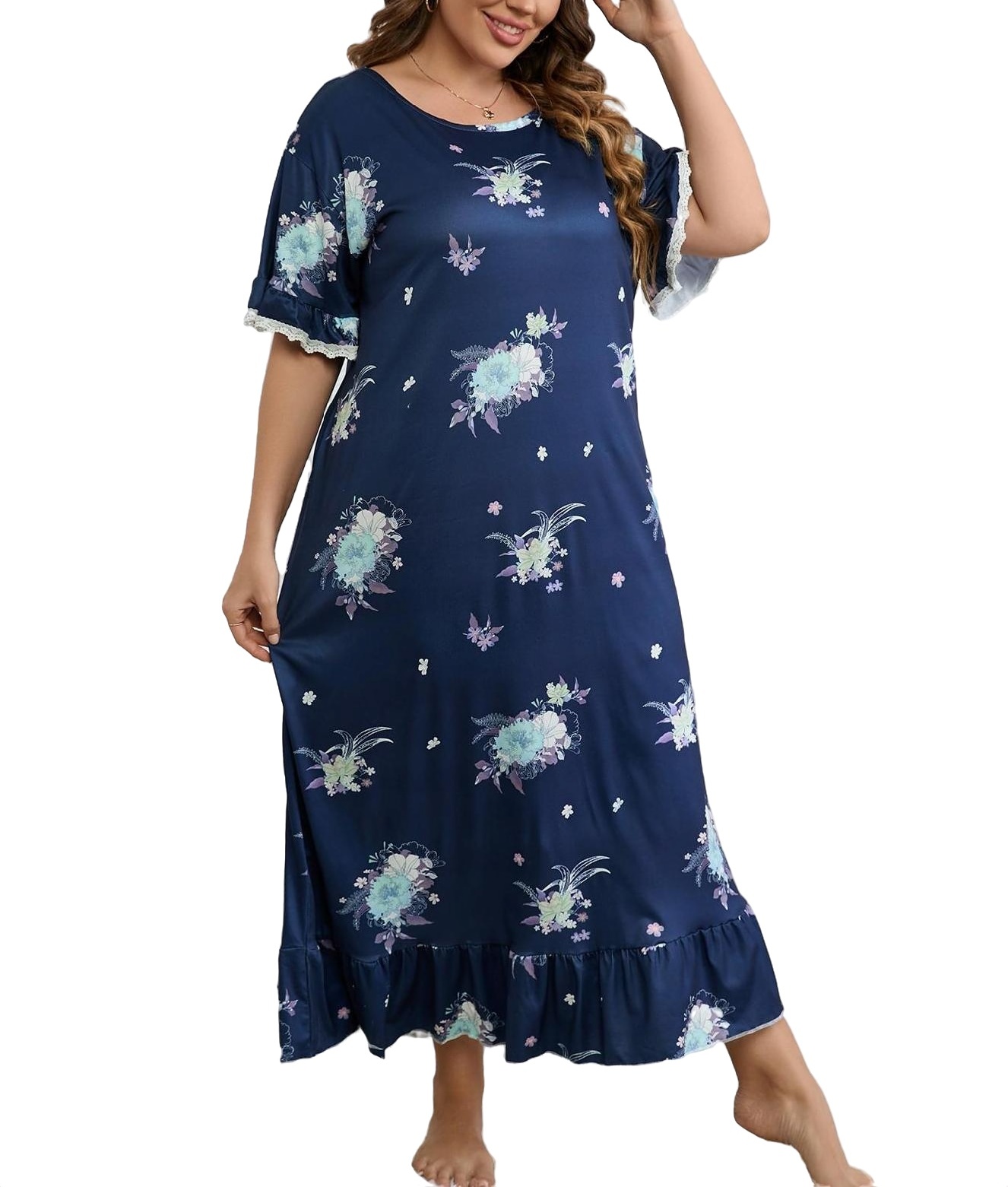 Navy Blue Cute Floral Print Round Neck Nightgowns Short Sleeve Plus Size Nightgowns