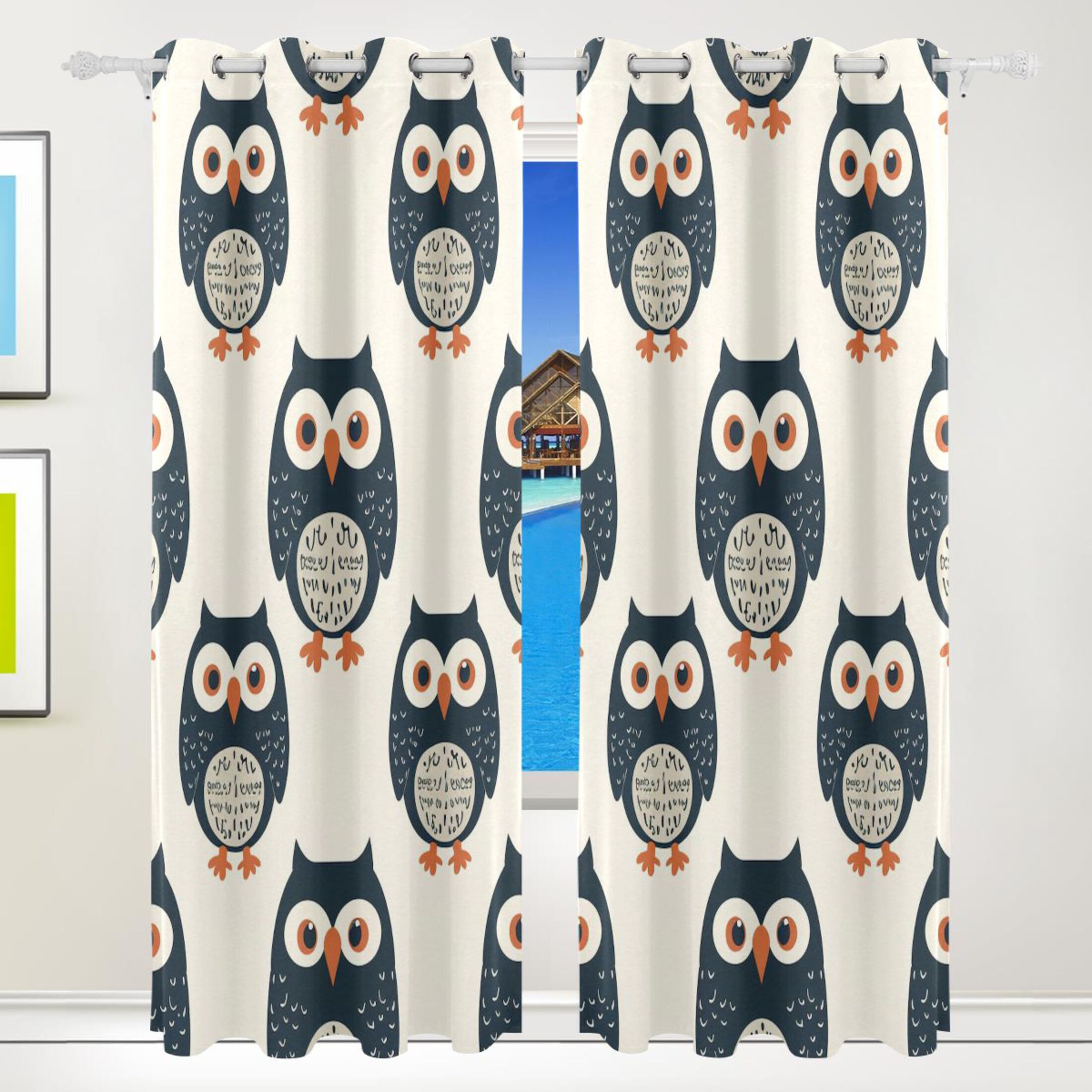 Navy Blue Cute Owls Blackout Curtains 84 inch Length 2 Panels Grommet ...