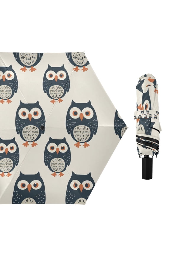 Navy Blue Cute Owls Compact Sun Umbrella Windproof Travel Umbrellas for Rain Strong Portable UV Protection