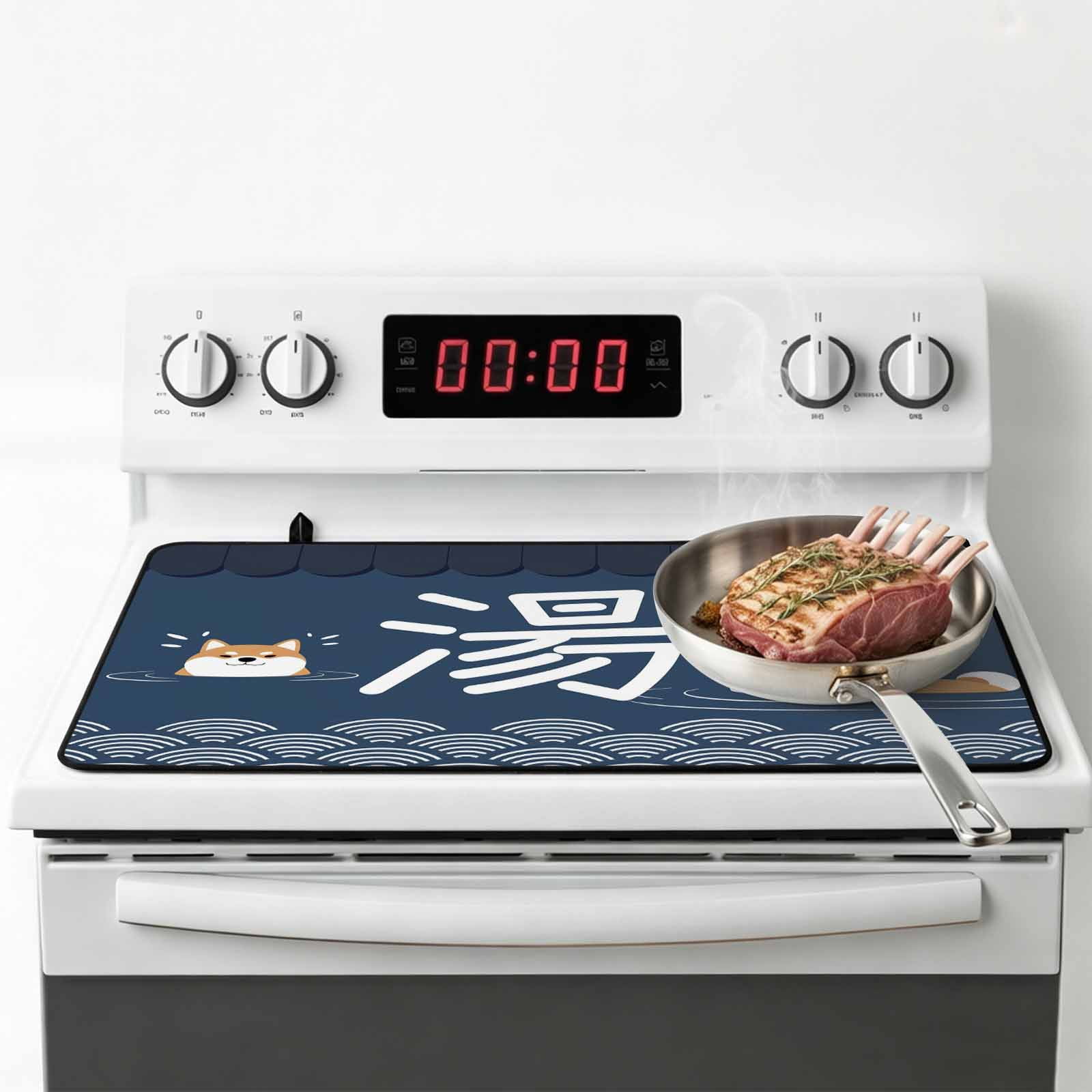 Navy Blue Cute Puppy Stove Top Cover for Electric Stove, Heat-proof & Non Slip Glass Top Stove Cover Protector, Modern Abstract Dog Bathing Kitchen Flat Cooktop Rubber Mat 24x21 Inches
