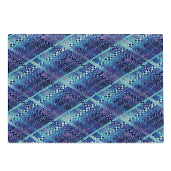 Navy Blue Cutting Board, Complex Structured Different Lines and Patterns Polka Dots Stripes Patch Work, Decorative Tempered Glass Cutting and Serving Board, Large Size, Purple Blue, by Ambesonne