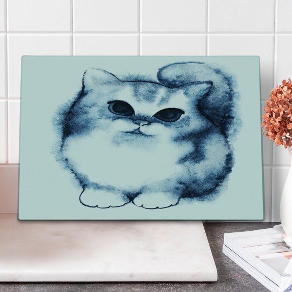 Navy Blue Cutting Board, Kitty Paint with Distressed Color Features Fluffy Cat Best Companion Ever, Decorative Tempered Glass Cutting and Serving Board, Large Size, Grey White, by Ambesonne