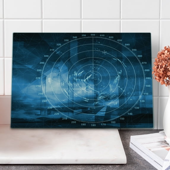 Navy Blue Cutting Board, Modern Ship with Radar Exposure in Screen Digital Electronic Hi Tech Futuristic Concept, Decorative Tempered Glass Cutting and Serving Board, Large Size, Blue, by Ambesonne