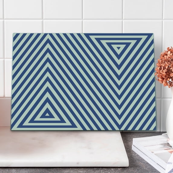 Navy Blue Cutting Board, Pattern with Geometric Triangle Shape Like Striped Designed Art, Decorative Tempered Glass Cutting and Serving Board, Large Size, Dark Blue and White, by Ambesonne