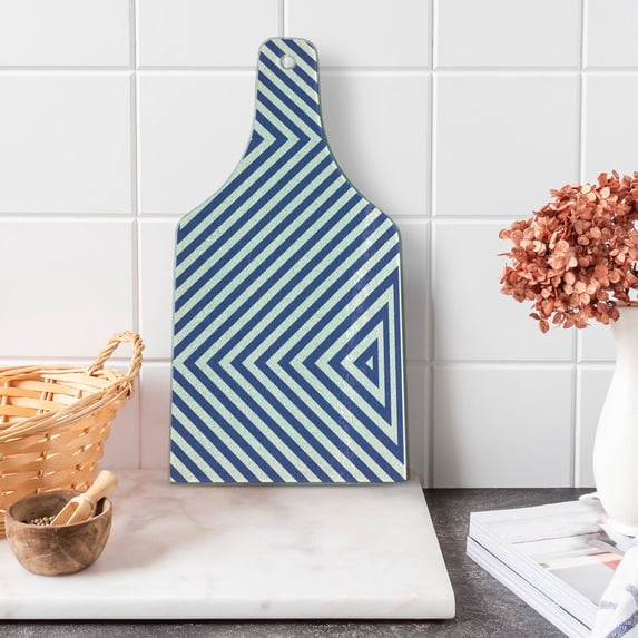 Navy Blue Cutting Board, Pattern with Geometric Triangle Shape Like Striped Designed Art, Decorative Tempered Glass Cutting and Serving Board, Wine Bottle Shape, Dark Blue and White, by Ambesonne