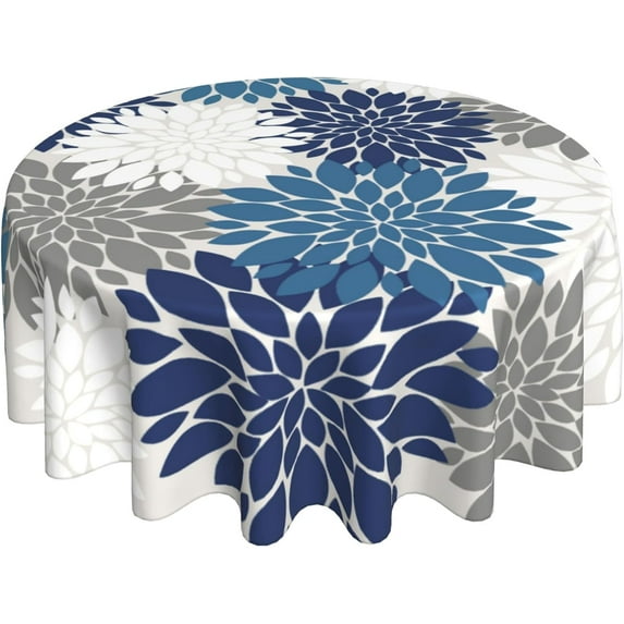 Navy Blue Dahlia Floral Tablecloth Round 70x70 Inch Summer Table Cloth,Stain Resistance Grey White Modern Geometry Flower Decor Table Covers for Kitchen Dining,Small Tablecloth for Party Picnic