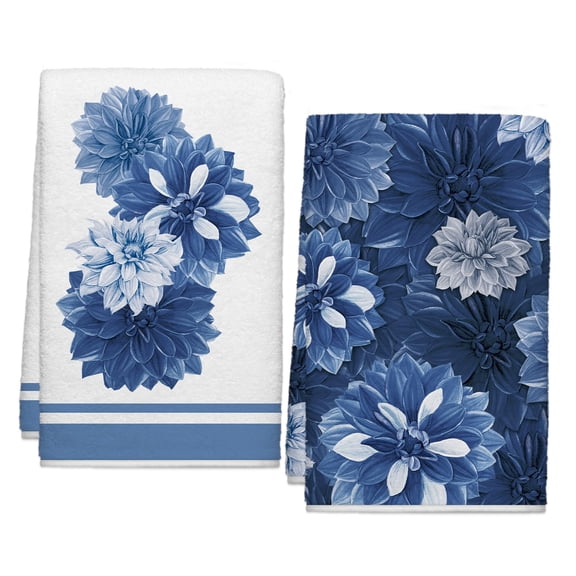 Navy Blue Dahlia Flower Spring Kitchen Towels, Blue Gray Dish Towels Set of 2, Spring Summer Elegant Floral 18 x 26 Inch Hand Towel Quick Drying Dishcloth Decor for Kitchen Bathroom Home