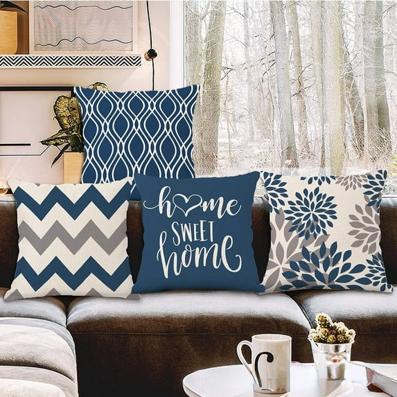 Navy Blue Dahlia Flowers Pillow Covers 18x18 Inch Grey White Colored Modern Elegant Floral Geometric Decorative Couch Pillow Case Summer Outdoor Linen Square Farmhouse Cushion Cases