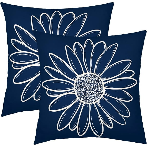 Navy Blue Daisy Flower Pillow Covers 20x20 Inch Set of 2 Spring Summer Floral Bloom Decorative Throw Pillows Seasonal Cotton Linen Pillow Cases Farmhouse Home Decor For Cushion Couch Sofa Outdoor