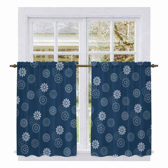Navy Blue Daisy Kitchen Curtain for Berdoom Living Room Cafe 45 Inch Length, Modern Farmhouse Chrysanthemum Floral Tiers Curtains Light Filtering Drapes Rod Pocket Window Treatment 2 Panels 52"Wx45"L