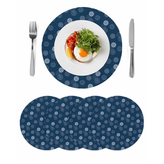 Navy Blue Daisy Round 15 Inch Placemats Set of 4, Modern Farmhouse Chrysanthemum Floral HeatResistant Non Slip Place Mats for Dining Table, Wipeable Braided Kitchen Table Mats for Housewarming