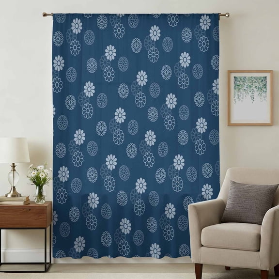 Navy Blue Daisy Sheer Curtains 54 Inches Long for Bedroom, Modern Farmhouse Chrysanthemum Floral Light Filtering Privacy Drapes, Breathable Semi Sheer Window Treatment for Bathroom Kitchen