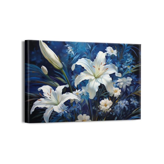 Navy Blue Daisy Wall Art Mid Century Plant and Floar Style Canvas Art Decoration Rustic Blue White Flower Daisy Wall Decor for Bedroom, Bathroom, Kitchen, Living Room, Office - Size 18x12