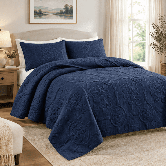 Navy Blue Damask Quilt Queen Size Bedding Sets With 2ow Shams Boho ...