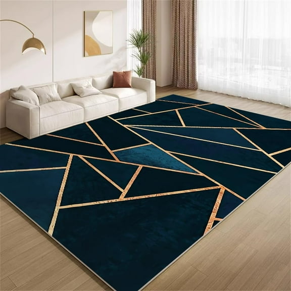 Navy Blue Dark Blue Geometric Area Rugs 2x3ft Rug Geometric Gold Line Texture Luxury Decor Rugs Non Slip Low Pile Carpet for Living Room Bedroom Office Dining Room Entry Hallway