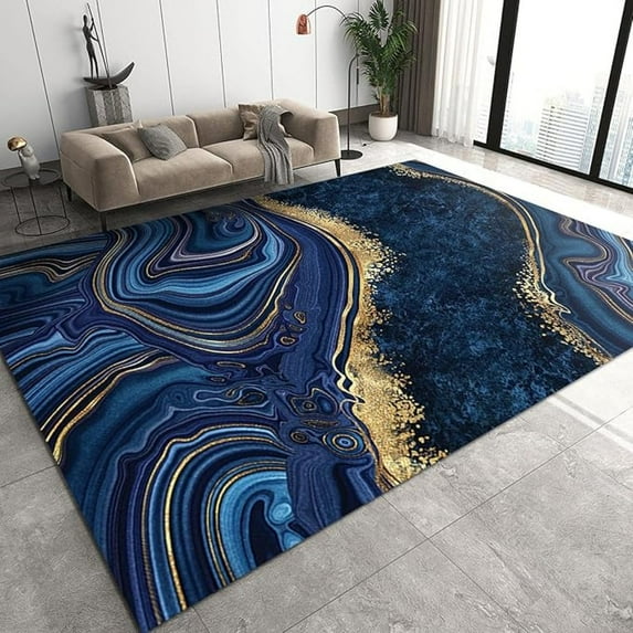 Navy Blue Dark Blue Marble Area Rugs, Blue Gold Swirl Marble Texture Easy Clean Rug, Soft Non-Skid Carpet Throw Rug For Kids Bedroom Living Room Bathroom Classroom Office 5x7ft