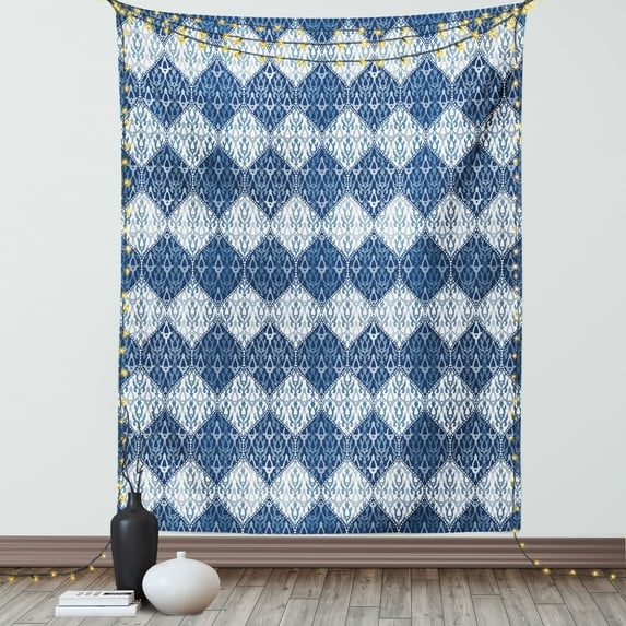 Navy Blue Decor Tapestry, Oriental Pattern Patchwork Horizontal Decorative Design, Wall Hanging for Bedroom Living Room Dorm Decor, 60W X 80L Inches, Dark Blue Light Blue and White, by Ambesonne