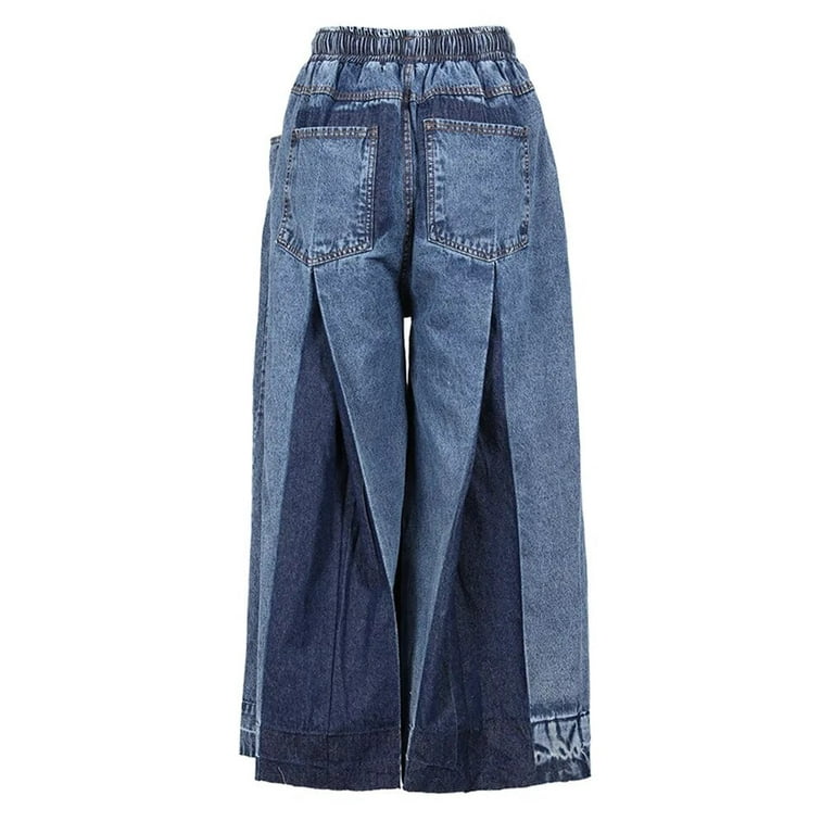 Navy Blue Denim Color block Wide Leg Jeans High Waist New Loose Women Trousers Fashion Tide Spring Autumn Walmart