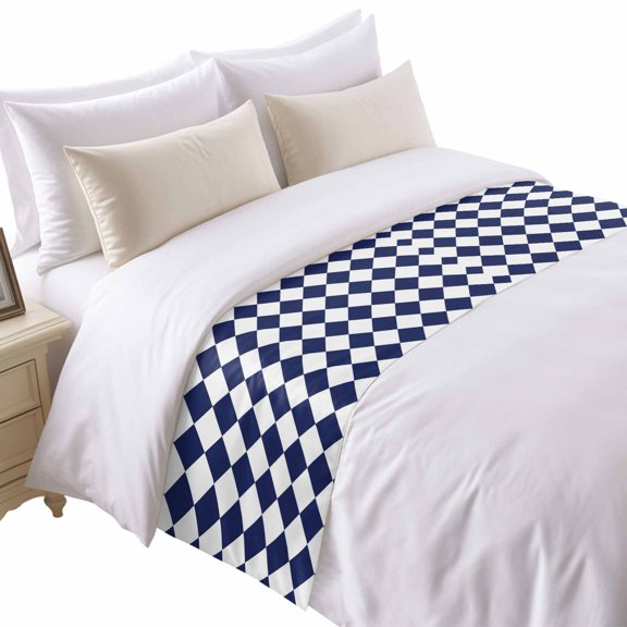 Navy Blue Diamond Plaid Bed Runner for Queen Size Bed, White Geometric Check Abstract Modern Soft Bedding Scarf Bedding Protector Slipcover Sofa Throw for Bedroom Hotel Guesthouse