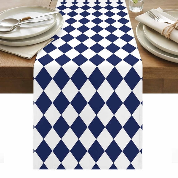 Navy Blue Diamond Plaid Cotton Linen Table Runner White Geometric Check Abstract Modern Dining Table Runners for Home Decor Party Dining Room Restaurant Kitchen Party 13" x 72"