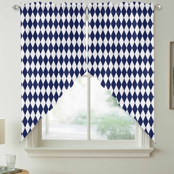 Navy Blue Diamond Plaid Swag Kitchen Curtain Valances, White Geometric Check Abstract Modern Rod Pocket Curtains Window Treatment Decor Valances for Bedroom Bathroom, 2 Panels 28 x 36 Inch