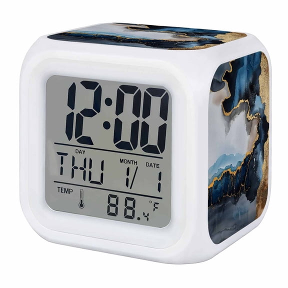 Navy Blue Digital Alarm Clock for Bedrooms, Smart LED Alarm Clock with 7 Color Changing Night Light, Abstract Color Block Vintage Modern Silent Wake Up Clocks for Sleep Study Cooking 3.2"x3.2"