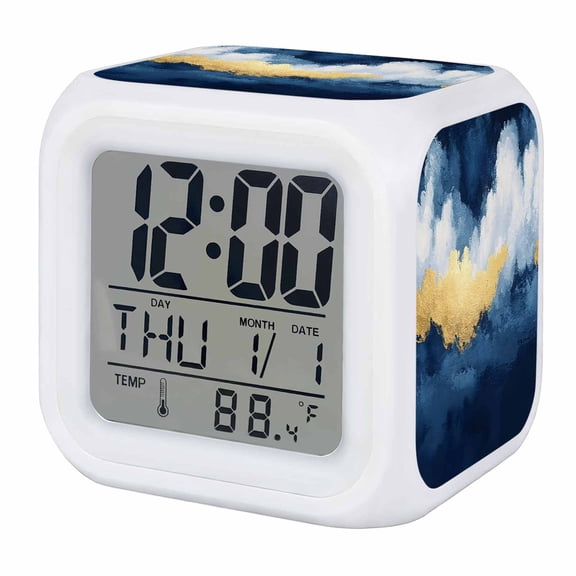 Navy Blue Digital Alarm Clock for Bedrooms, Smart LED Alarm Clock with 7 Color Changing Night Light, Abstract Modern Oil Painting Art Silent Wake Up Clocks for Sleep Study Cooking 3.2"x3.2"