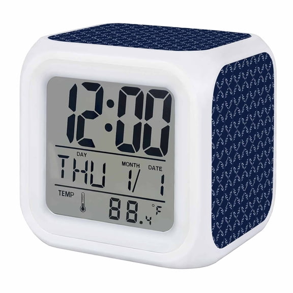 Navy Blue Digital Alarm Clock for Bedrooms,Smart LED Alarm Clock with 7 Color Changing Night Light,Geometric Leaf Diamond Plaid Abstract Check Silent Wake Up Clocks for Sleep Study Cooking 3.2"x3.2"