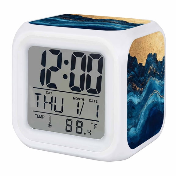 Navy Blue Digital Alarm Clock for Bedrooms, Smart LED Alarm Clock with 7 Color Changing Night Light, Modern Abstract Luxury Golden Silent Wake Up Clocks for Sleep Study Cooking 3.2"x3.2"