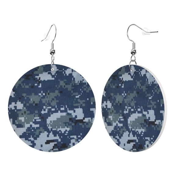 Navy Blue Digital Camouflage Dangle Round Lightweight Drop Circle Earrings For Women