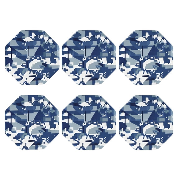 Navy Blue Digital Camouflage Leather Drink Coasters for Drinks (6 Pack) for Tabletop Protection Octagon