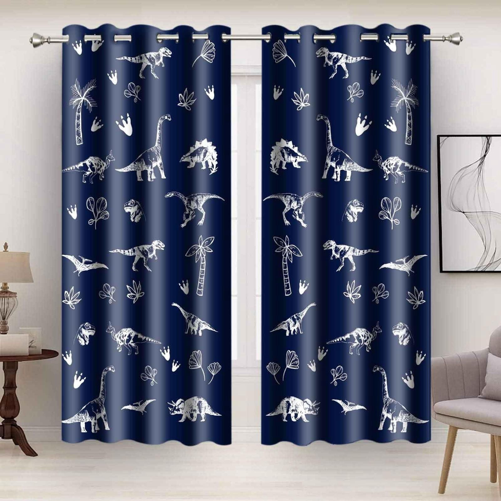 Navy Blue Dinosaur Printed Curtains Cartoon Dinosaur Graffiti Boys Bedroom Blackout Curtains Animal Printing Insulated Curtains Kids Teenage Playroom Living Room Decor 52"W x 96"L (Pack of 2)