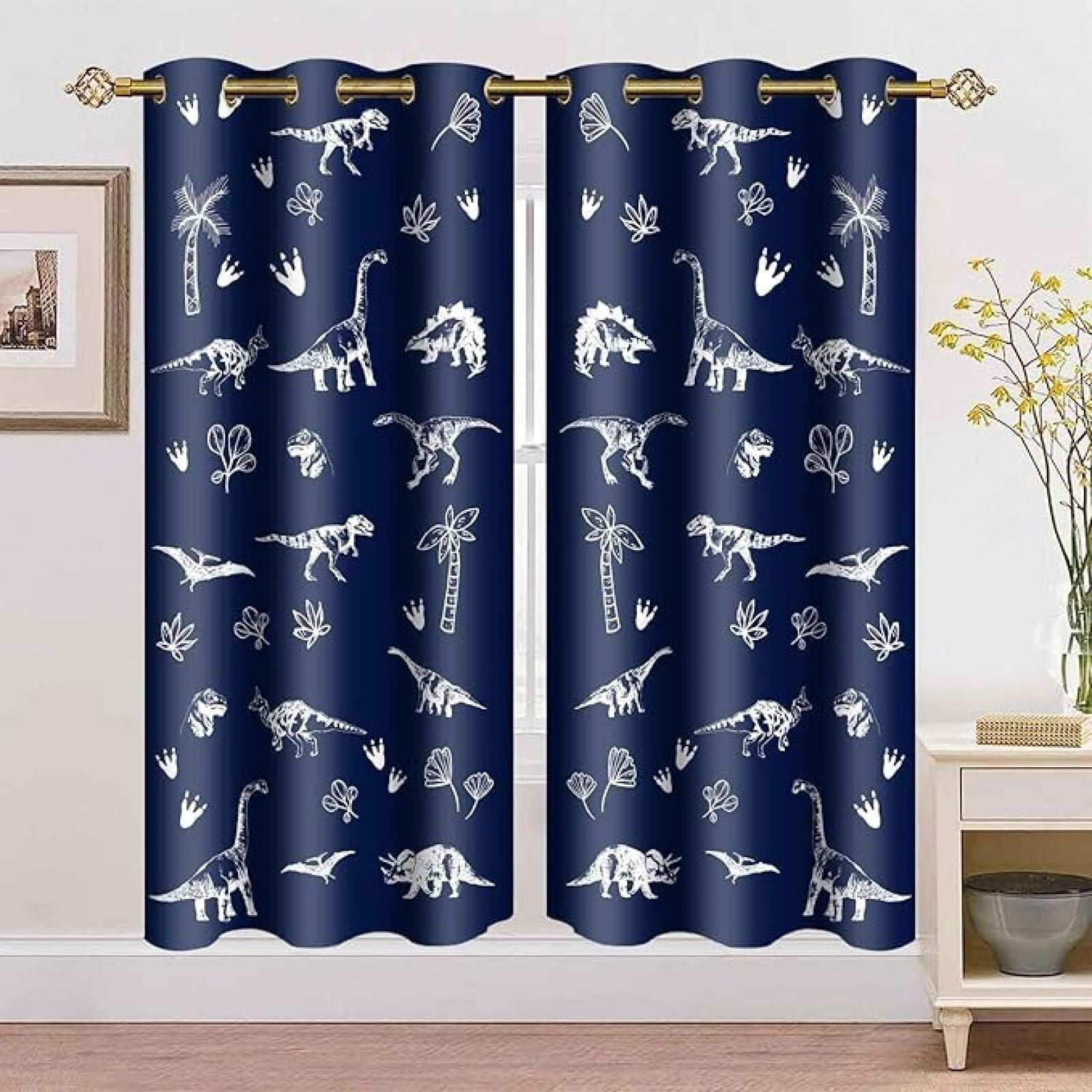 Navy Blue Dinosaur Printed Curtains Cartoon Dinosaur Graffiti Boys Bedroom Blackout Curtains Animal Printing Insulated Curtains Kids Teenage Playroom Living Room Decor 42"W x 96"L (Pack of 2)