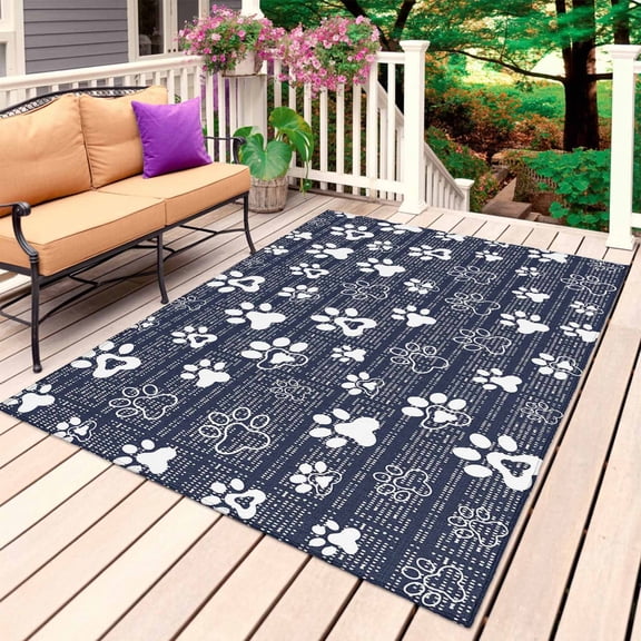 Navy Blue Dog Paw Outdoor Rug for Patio/Deck/Porch, Non-Slip Large Area Rug 6 x 9 Ft, Modern Geometric Abstract Aesthetics Indoor Outdoor Rugs Washable Area Rugs, Reversible Camping Rug Carpet Runner
