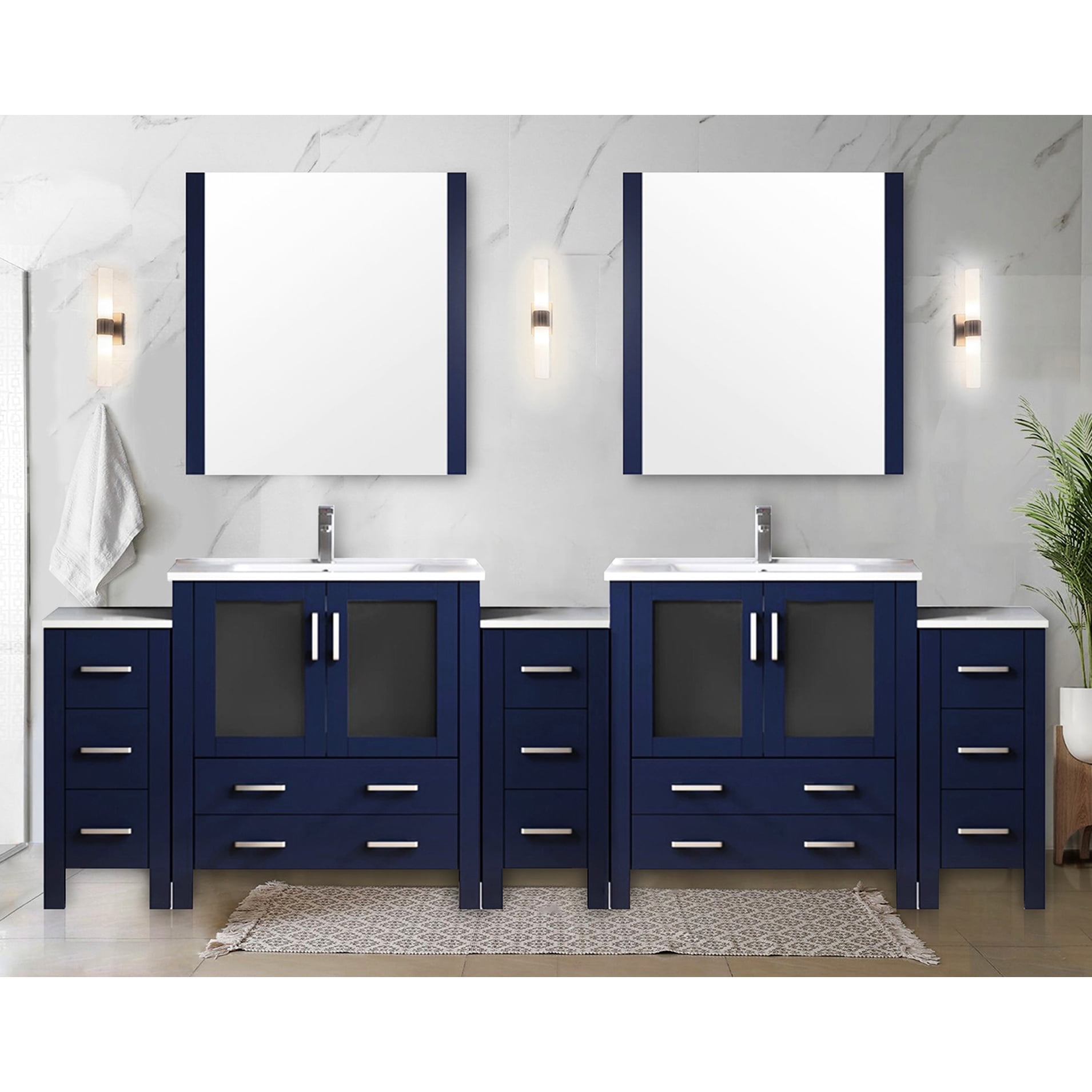 Navy Blue Double Bath Vanity 108 In. W X 18.25 D, Side Cabinets, White ...
