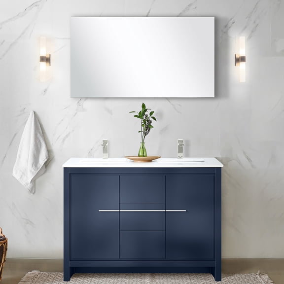 Navy Blue Double Bath Vanity 48 In. W X 20 D With White Quartz Surface And Faucet - Spacious Drawers Cabinets For Bathroom Vanity, Top & Included Stylish Practical Storage Soft Close Feature