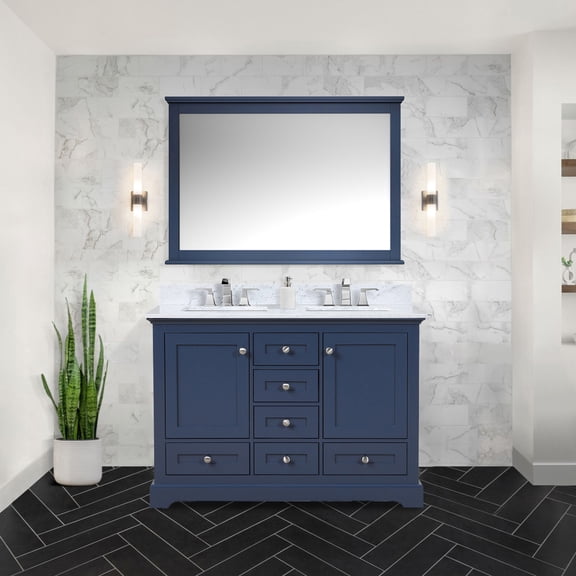 Navy Blue Double Bath Vanity 48 In. Width, 6 Drawers, 2 Cabinets, Plywood Panels, Elegant Bathroom Fixture 48" Vanity, Open Shelf, Accessory