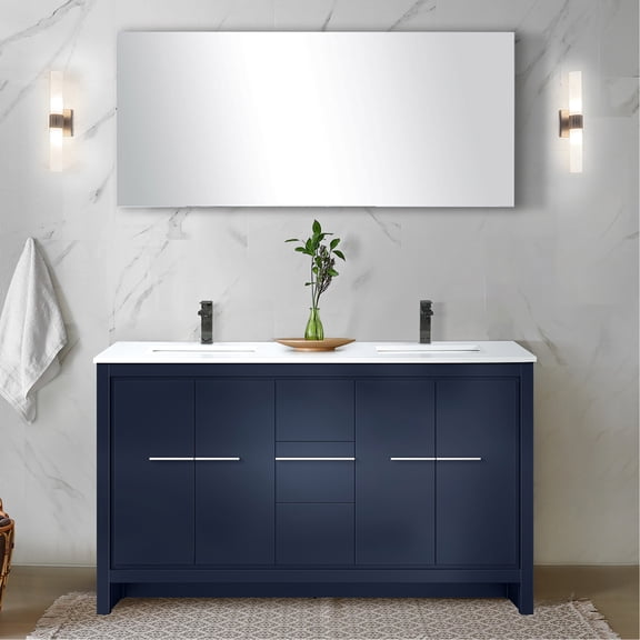Navy Blue Double Bath Vanity 60" W X 20" D, Cultured Marble Top & Metal Faucet, Soft Close And Voluminous Open Shelf Storage 60 In. 20 D With Bountiful