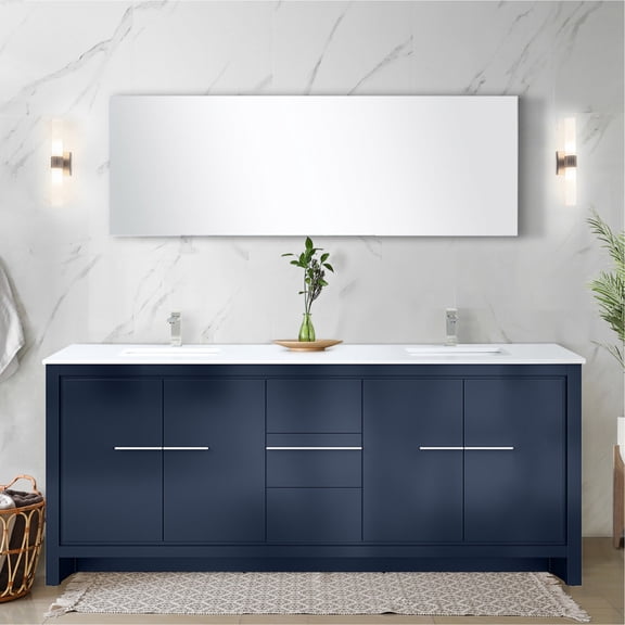 Navy Blue Double Bath Vanity 80" W X 20" D With Cultured Marble Top - Solid Wood, Soft Close, Scratch And Stain Surface, Two Cabinets, Three Drawers Open Shelf For Excessive Storage Area,