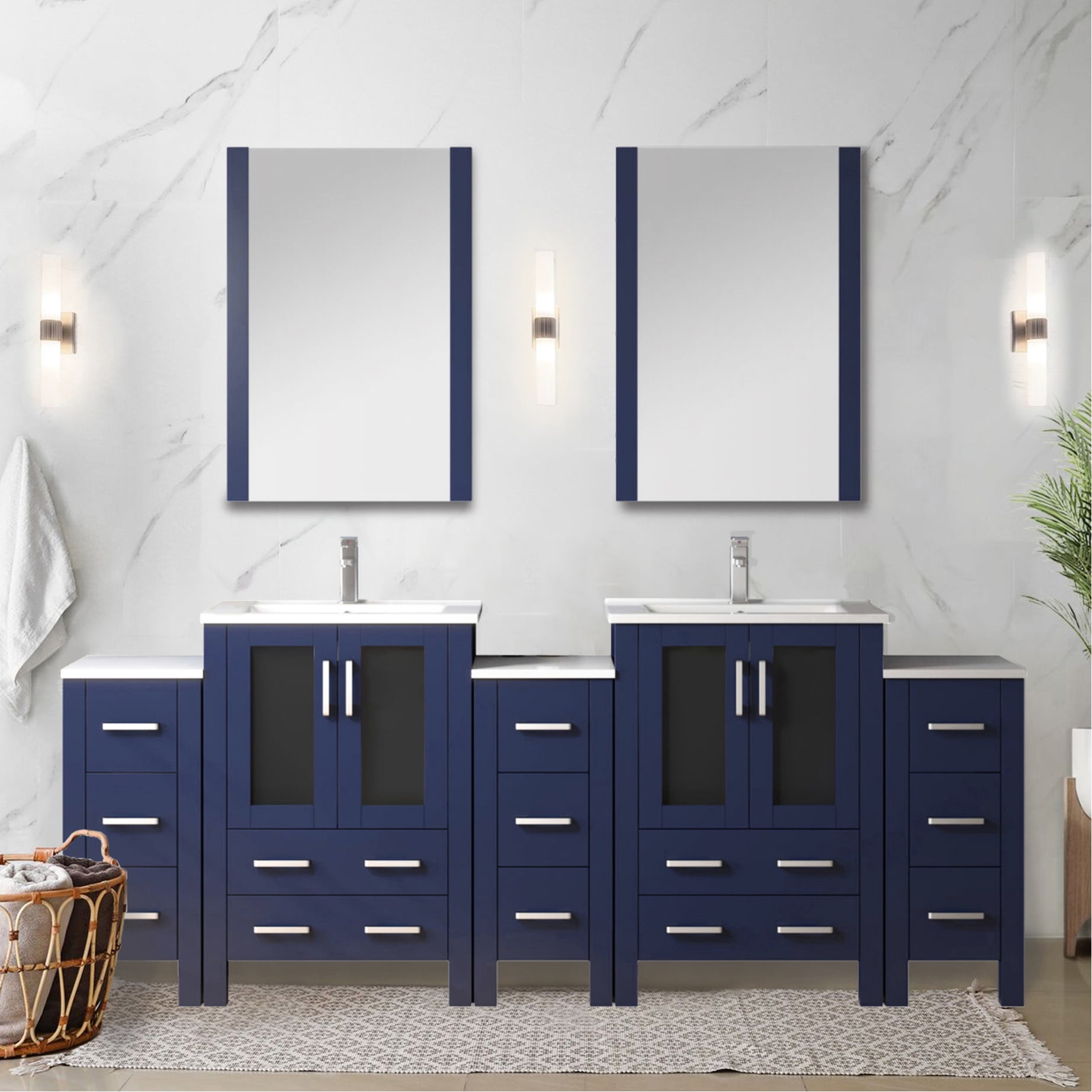 Navy Blue Double Bath Vanity 84 In. W, Side Cabinet, Ceramic Top ...