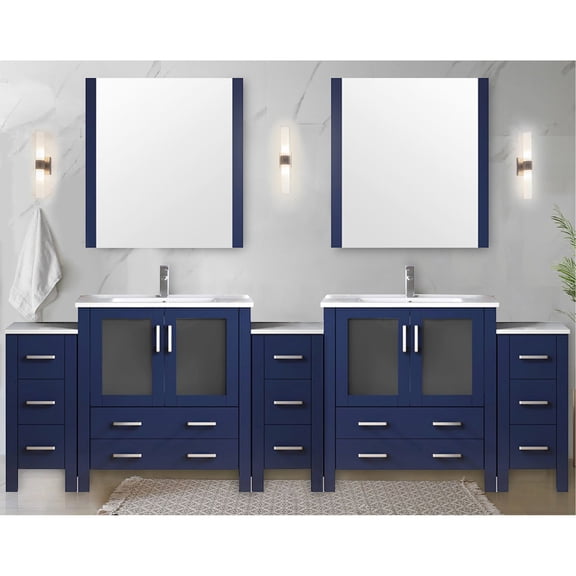 Navy Blue Double Bath Vanity With Storage Drawers, 108 In. W X 18.25 D. White Ceramic Top, 34 Mirrors. Soft Close. Functional Design Vanity. Side Cabinets, & Practical Bathroom